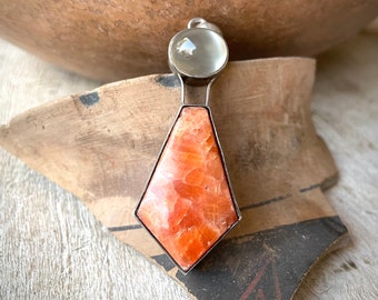 Large Pendant Orange Pink Gemstone (possibly Rhodonite) and Clear Rock Crystal in 925 Sterling Silver Setting, Bohemian Jewelry for Hippie