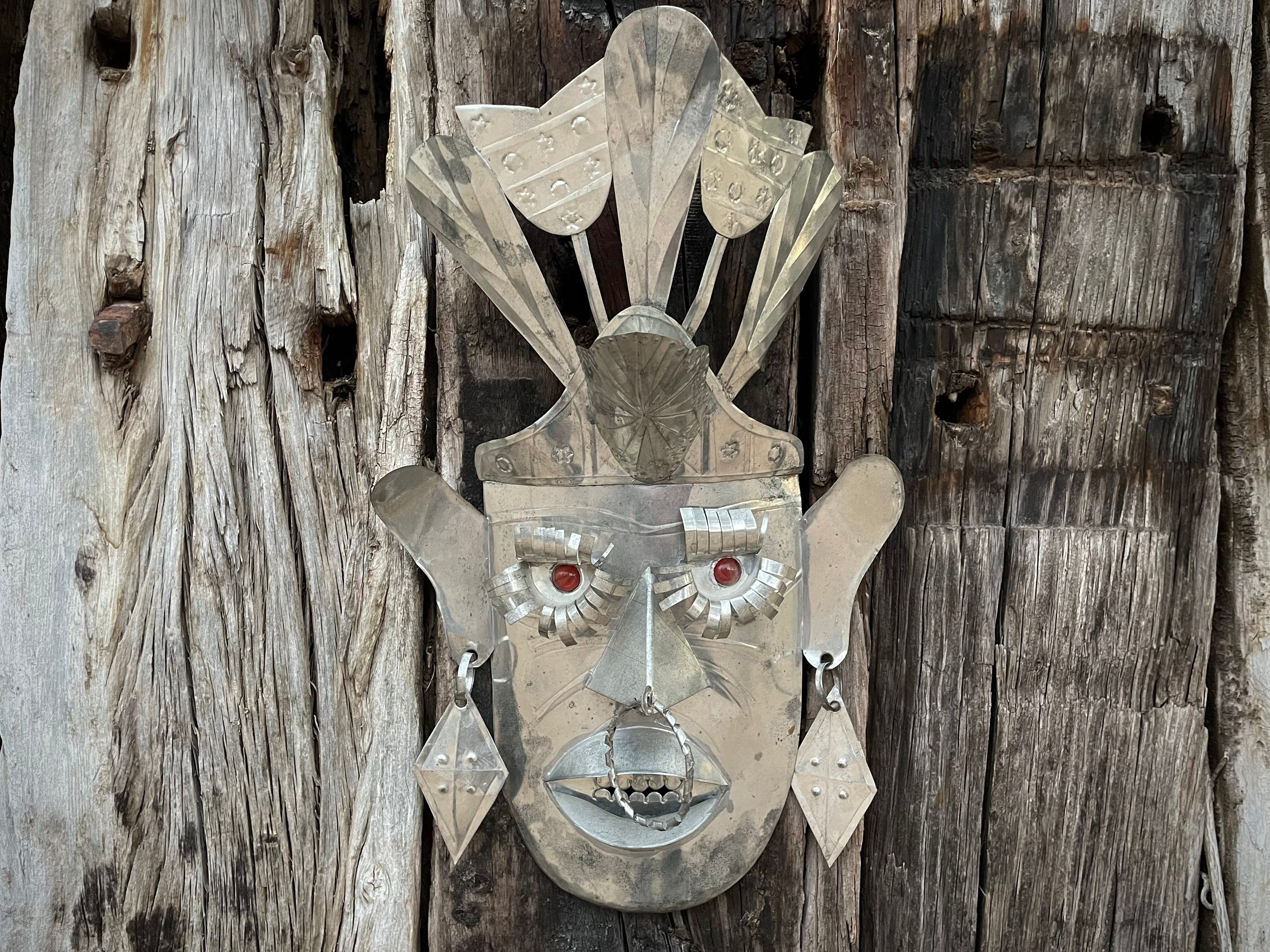 Large 1960s Tin Tourist Mask from Taxco of Mayan or Aztec Face Wall