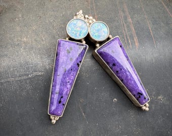 Vintage Opal & Purple Sugilite Post Earrings, Southwestern Nontraditional Gemstone Jewelry