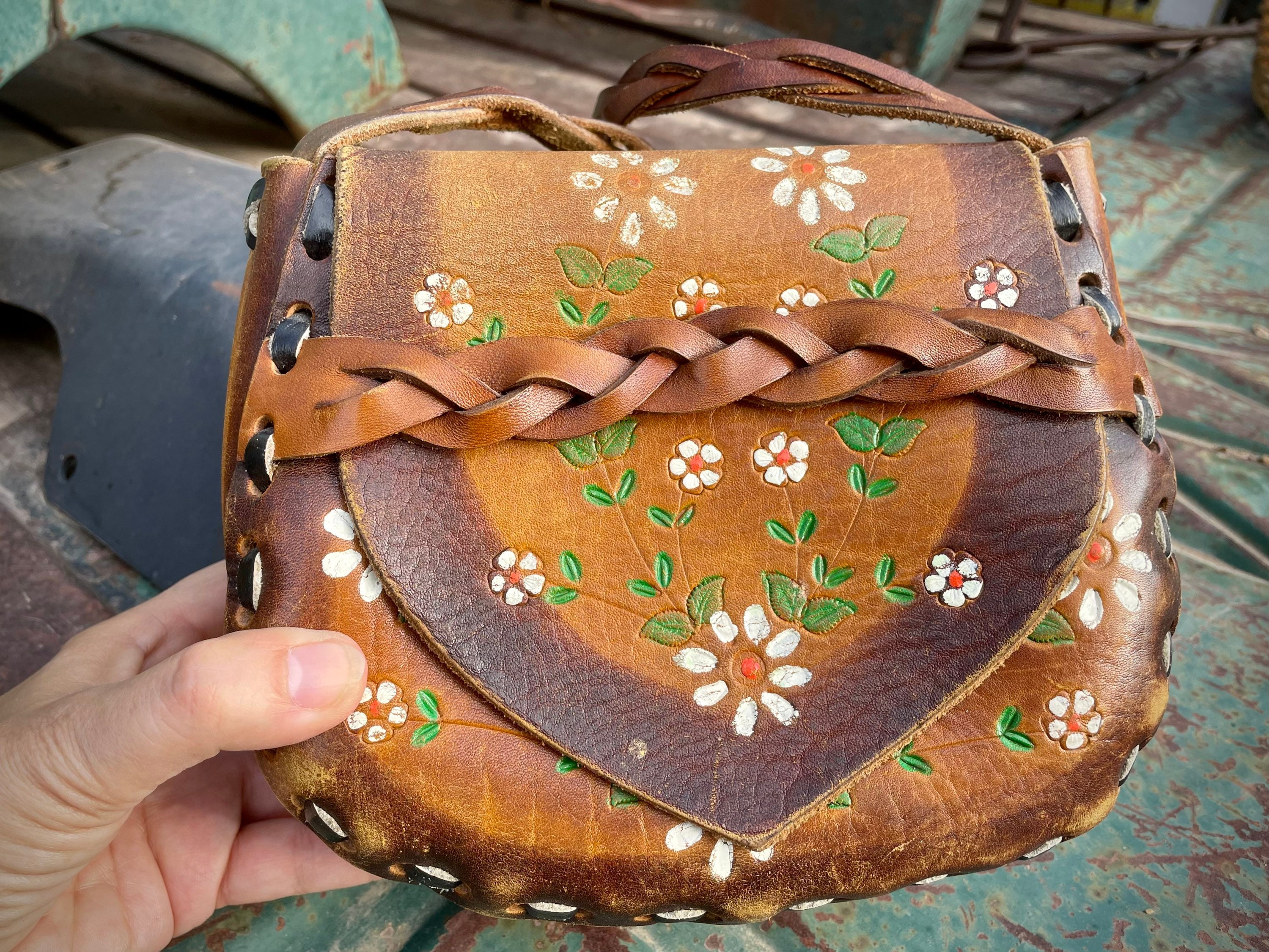 Buy ON RESERVE / HOLD for Y. 1970s Leather Handbag Hippie Tooled