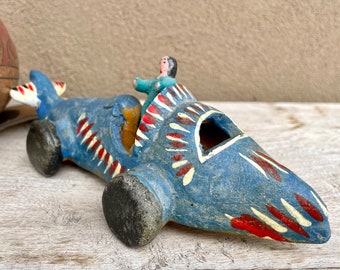 Vintage Mexican Ocumicho Pottery Sculpture of Blue Airplane w/ Wheels 8", Primitive Folk Art