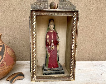 Antique Mexican Distressed Carved Painted Virgin Mary Santo & Wood Nicho Shrine, Religious Art