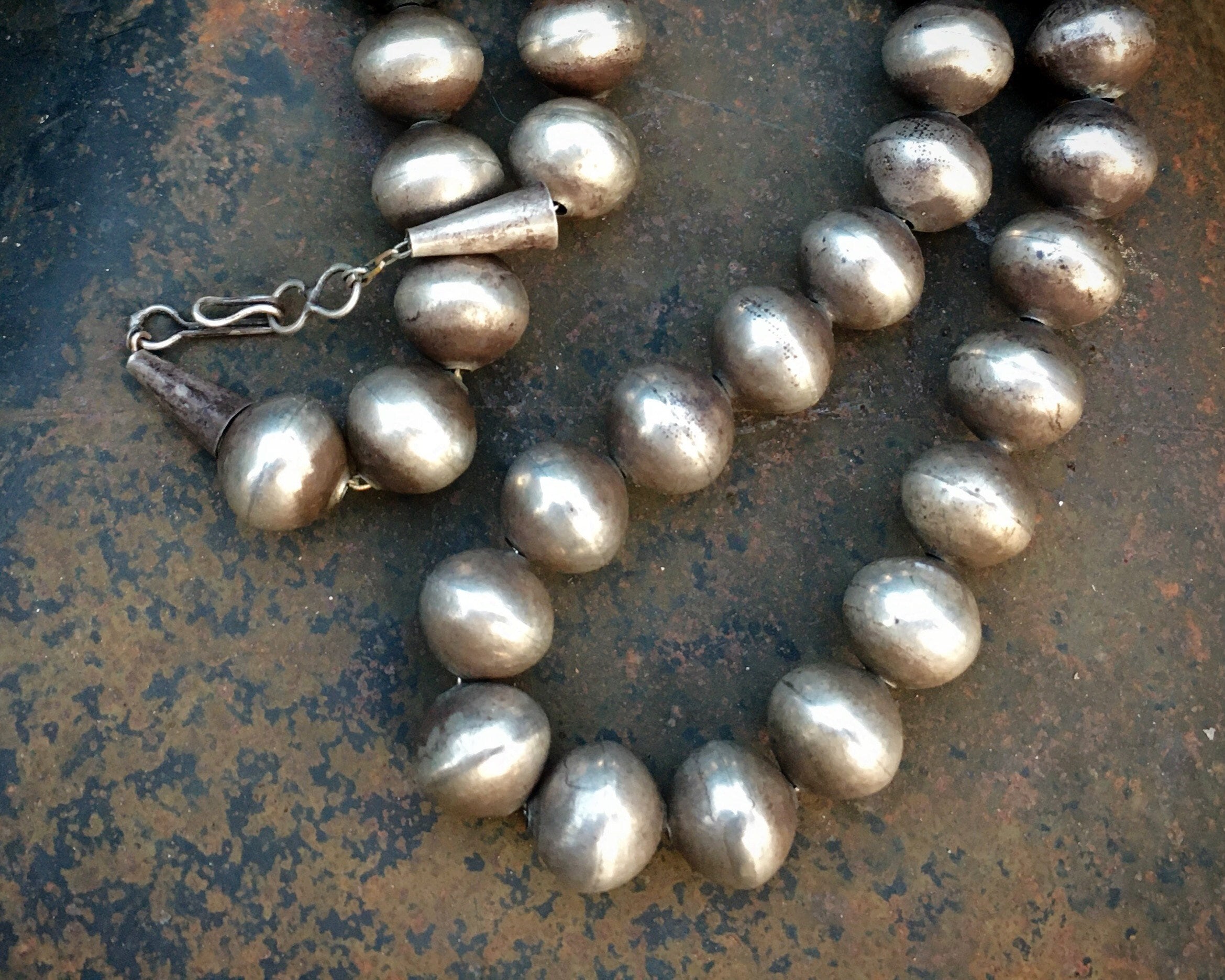 Hand Hammered Vintage Native American Navajo Sterling Silver Bead Necklace Old Hand Hammered Vintage Native American Navajo Sterling Silver Bead Necklace Old