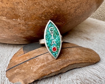 Vintage CIAO Ring of Chip Turquoise and Coral, Slightly Adj, Southwestern Jewelry