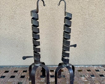 Pair of Wrought Iron "Courting" Candle Holders with Height Adjusters, 1970s Reproduction Antique