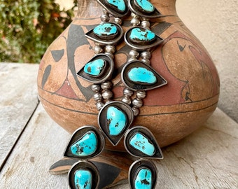 207g Vintage Blue Turquoise Squash Blossom Necklace 26", Bench Made Silver Beads, Navajo Jewelry