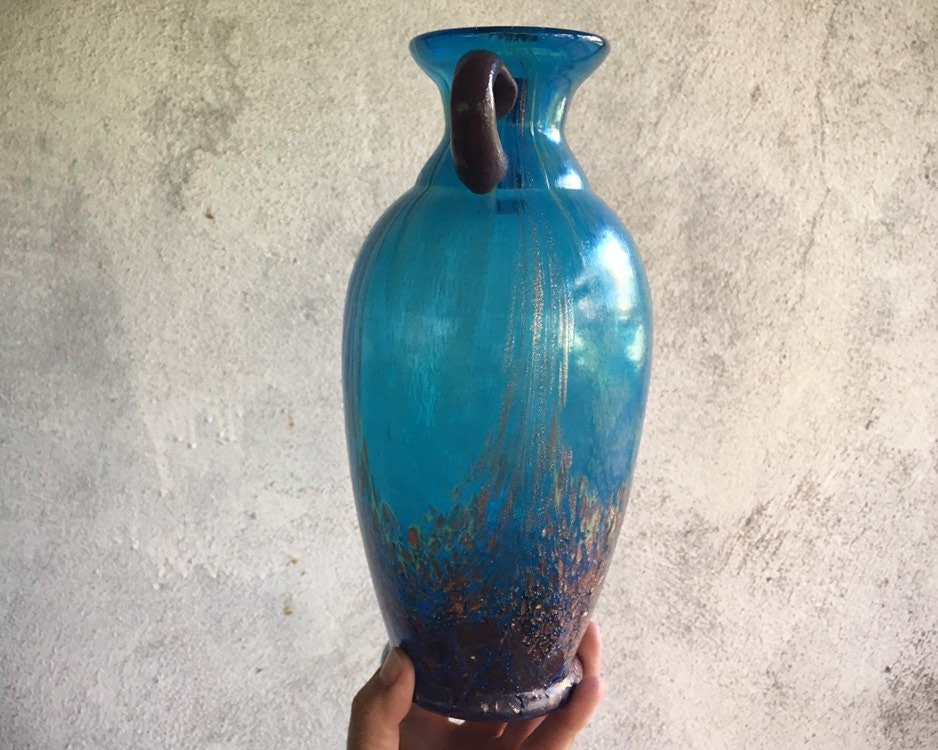 Vintage Teal Blue Favrile Art Glass Hand Blown Dale Tiffany Amphora