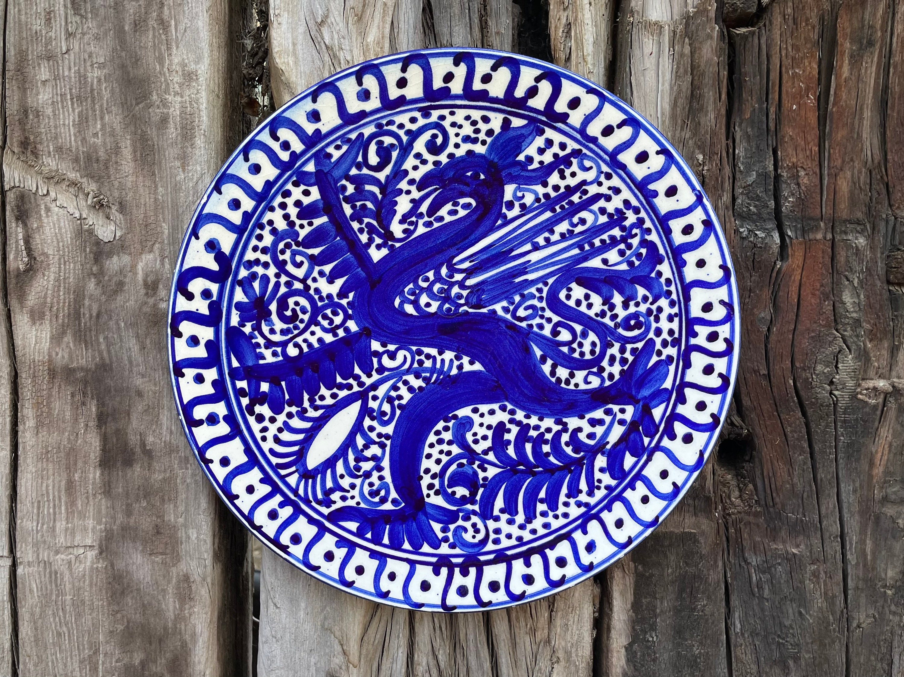 Vintage Spanish Pottery Charger Plate with Lion Rampant, Blue White