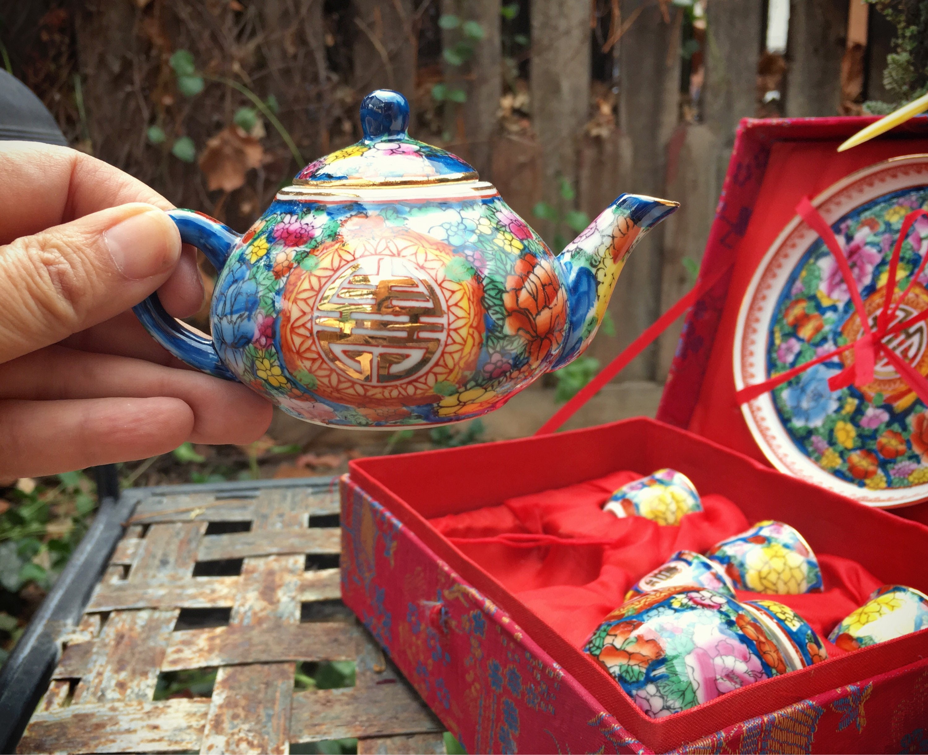 Vintage Miniature Chinese Porcelain Tea Set in Box, Gift for Young Girl