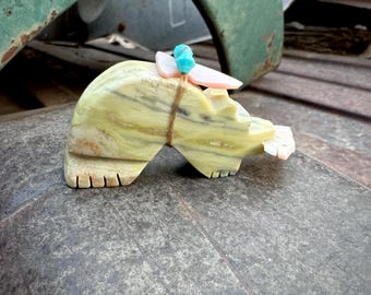 Zuni Fetish Carving of Serpentine Bear with Fish in Mouth Mother of Pearl Arrowhead Bundle