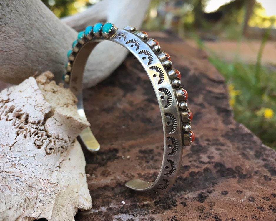 Vintage Carinated Coral and Turquoise Cuff Bracelet, Signed Navajo