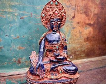 Carved Lapis Medicine Buddha 6.5", Gilt Accents Coral Turquoise Glass