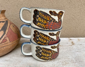 Three Vintage Ceramic Soup Mugs with Peacock Design, Otagiri Japanese Drinkware Kitchen Decor