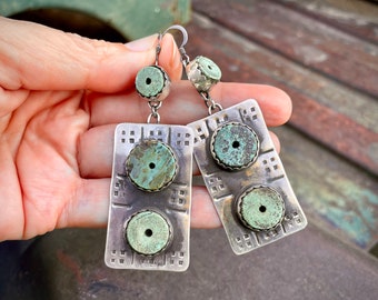 Large Sterling Silver Earrings Made w/ Drilled Turquoise Heishi Beads, Southwestern Dangles