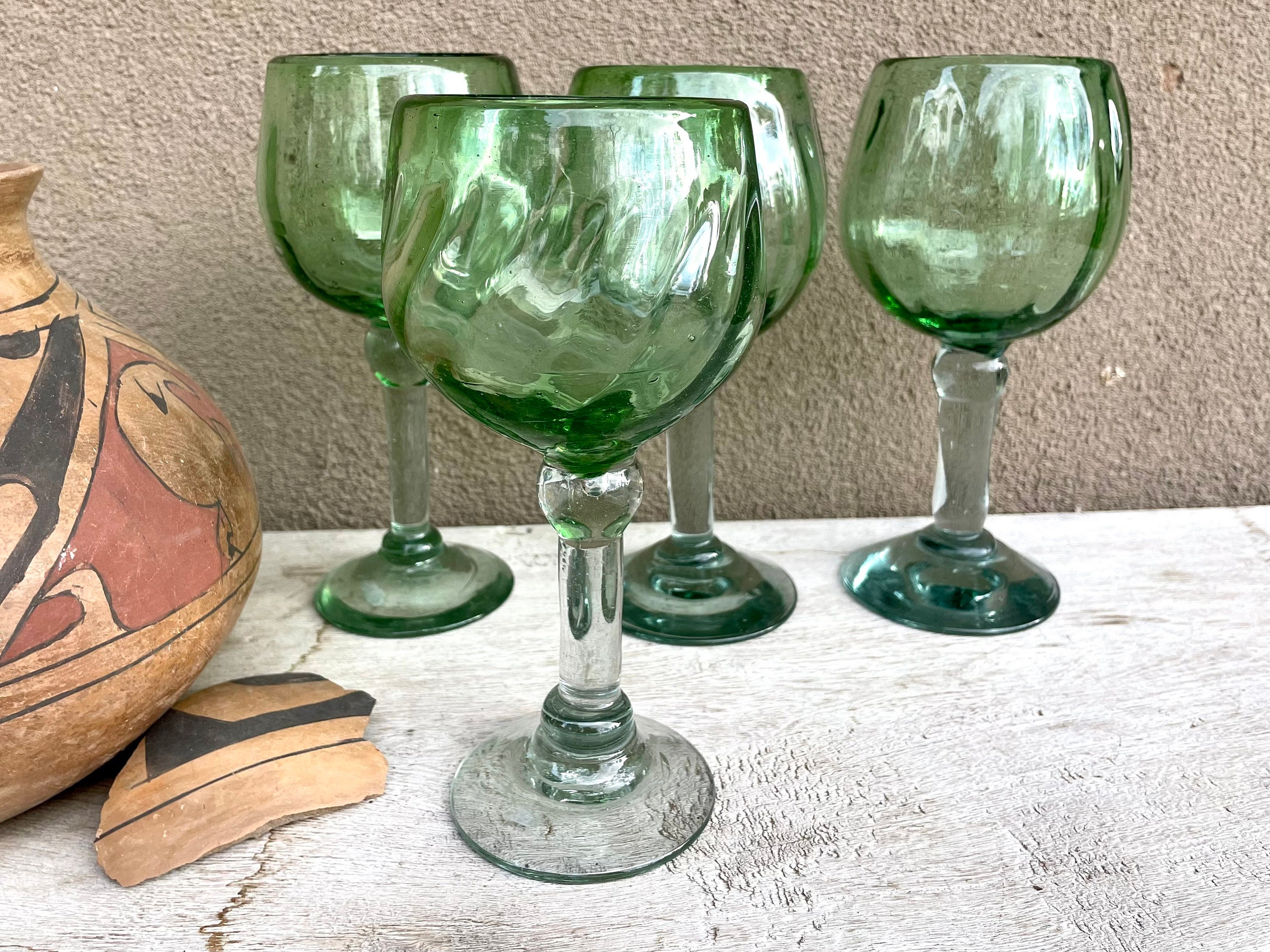 Four Vintage Mexican Blown Glass Wine Glasses Pale Green Glass, Hand