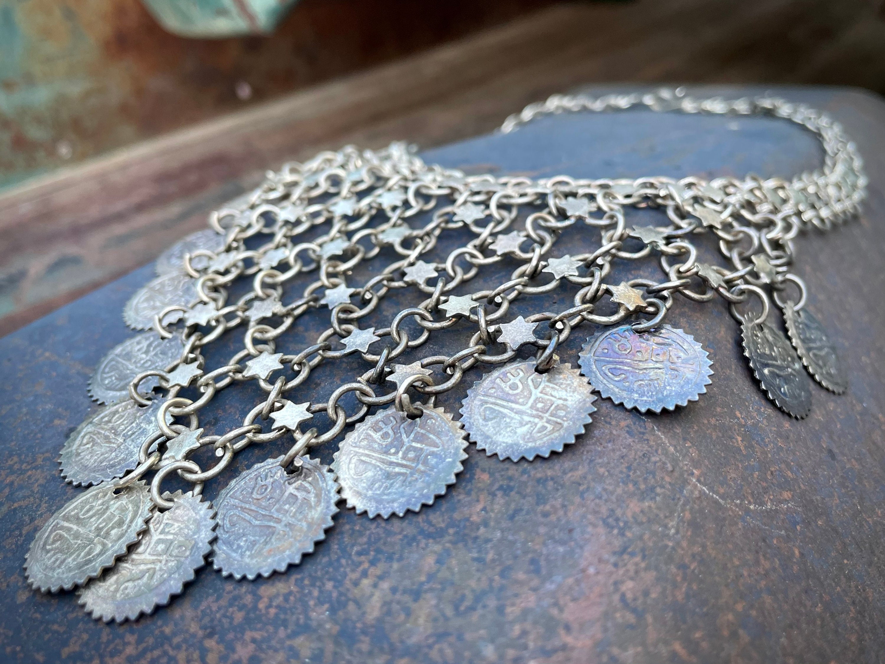Vintage Silver Tone Tribal Necklace Chainmail with Coins, Gypsy Belly ...