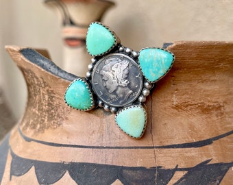 Taos Pueblo Lawrence Archuleta Turquoise and 1929 Liberty Dime Ring, Native American Jewelry