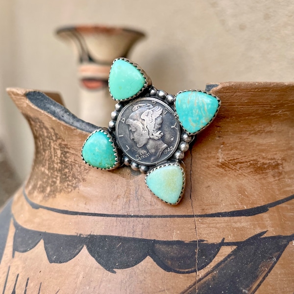 1942 Mercury Dime and Turquoise Ring Size 7.5 by Taos Pueblo Lawrence Archuleta, Native American Indian Jewelry Made with Old Coins