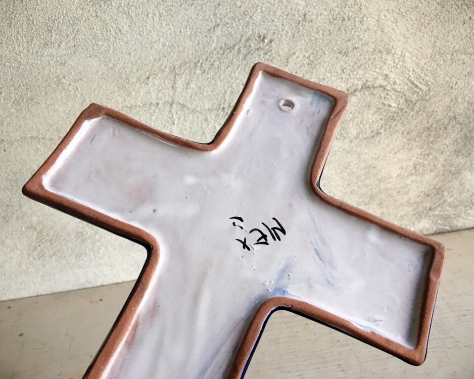 Vintage 8 x 11.5 Talavera Ceramic Cross Wall Hanging, Mexican Pottery
