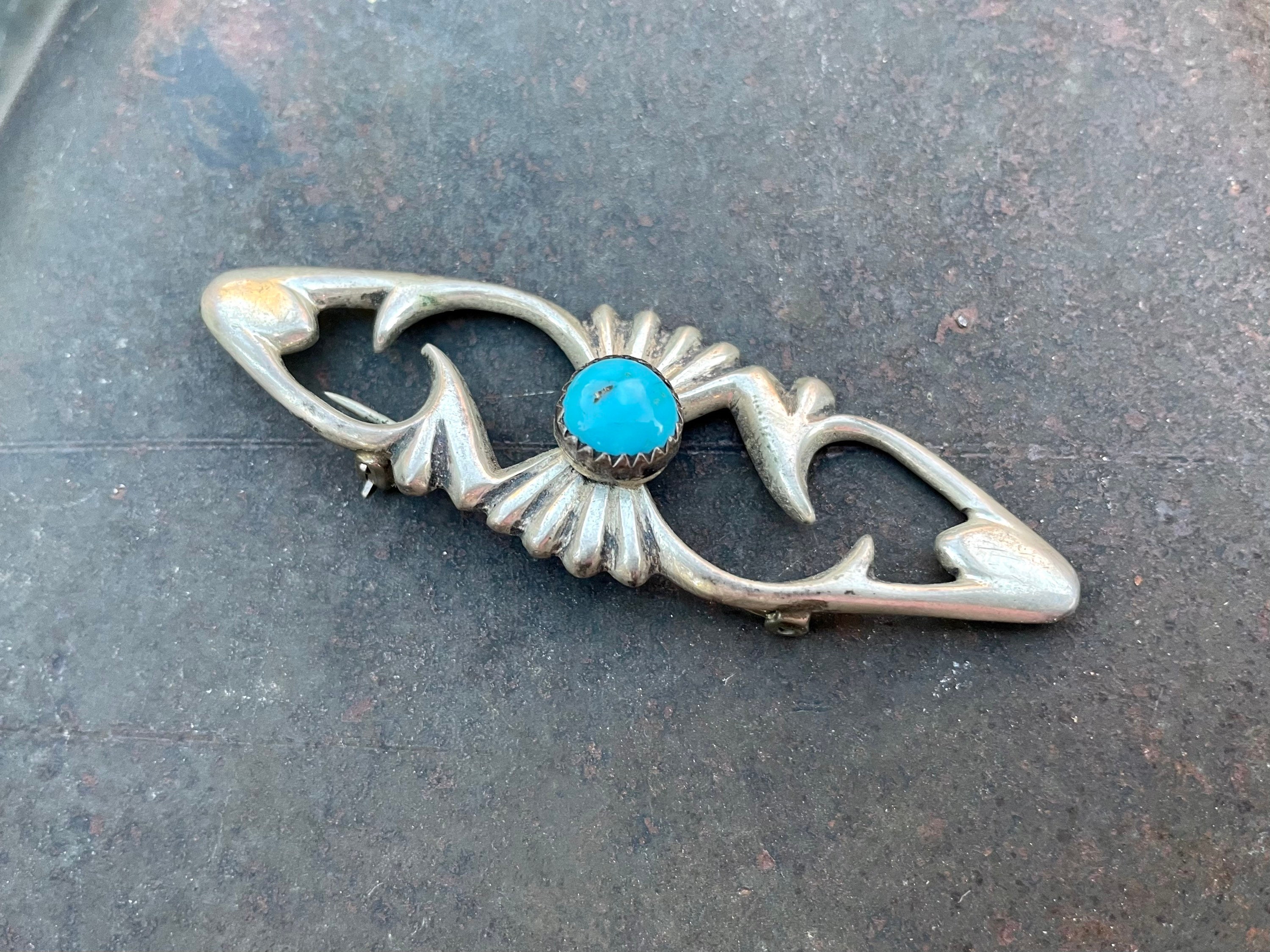 Vintage Sandcast Sterling Silver Brooch with Blue Turquoise Stone