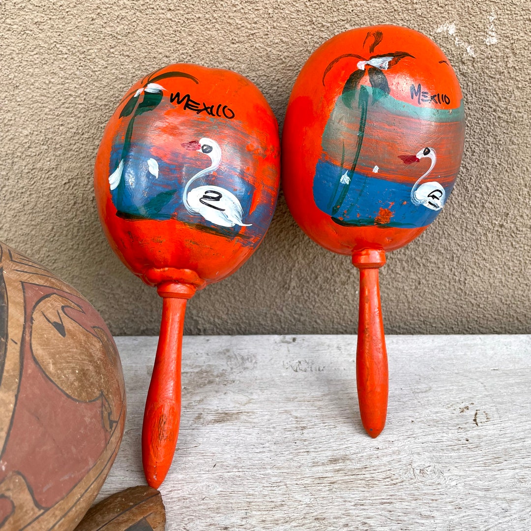 Mexican Toy Rattle Vintage Pair of Maracas Mexican Souvenirs, Orange-red W/ Blue Rattles ...