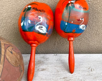 Vintage Pair of Maracas Mexican Souvenirs, Orange-Red w/ Blue Rattles Noise Makers, Rustic Decor