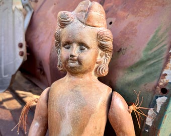 Antique Mexican Terracotta Doll Articulating with Twine, Wearing Army Nurse Hat