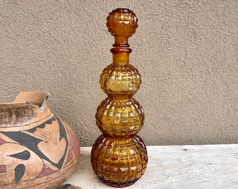 Vintage Golden Yellow Empoli Glass Decanter, Paneled Quilted Triple Gourd Shaped Bottle with Round Stopper, 1960s Barware Gift for Drinker