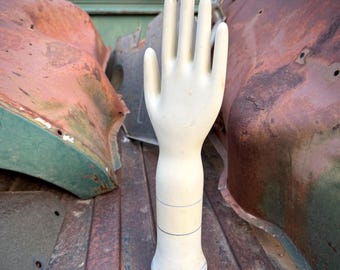 1991 Porcelain Glove Mold White Hand Blue Lines, Approx 14.75", Vintage Industrial Decor