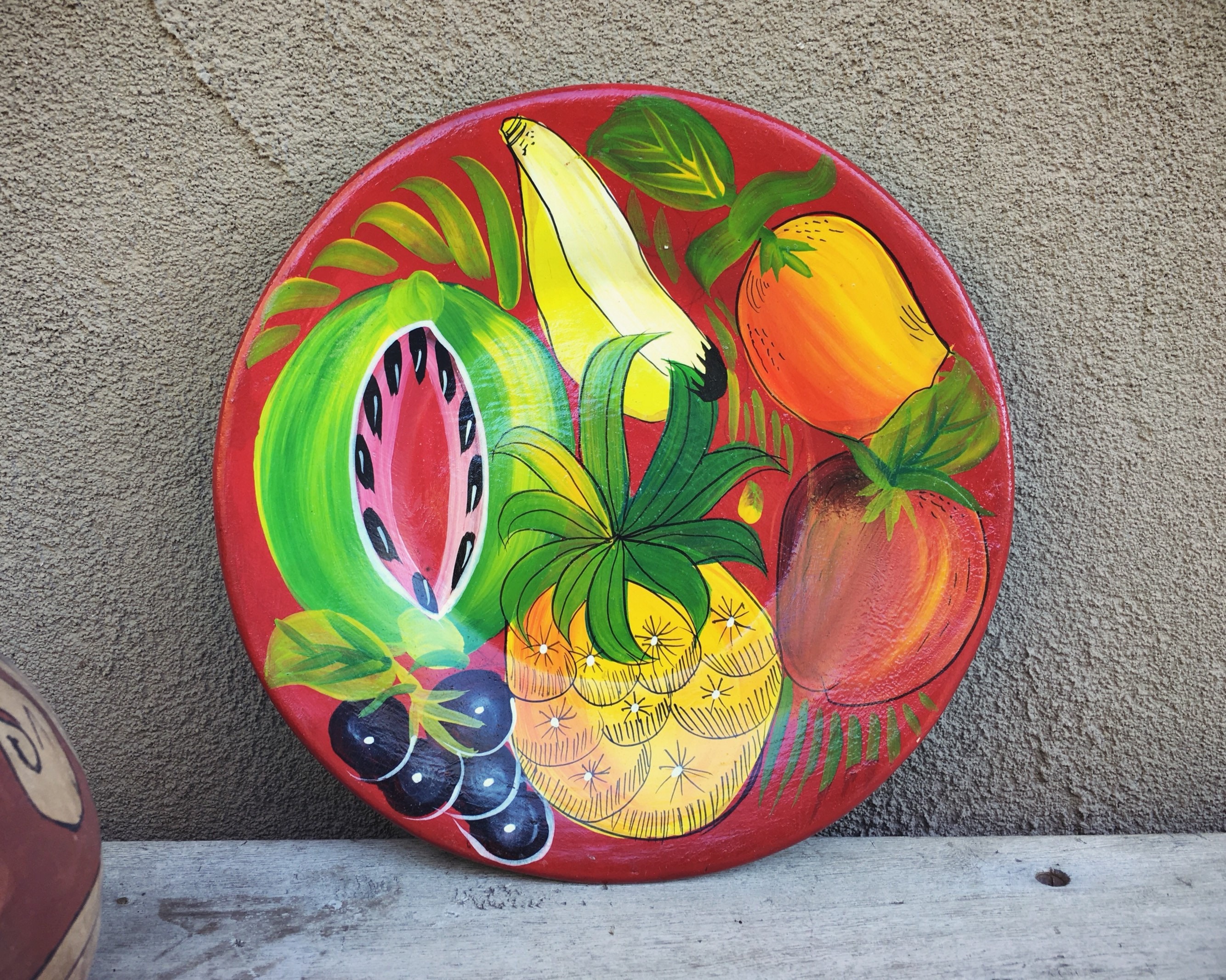 10 Diameter Vintage Mexican Pottery Plate Wall Hanging Red Decor with Fruit, Mexican Folk Art