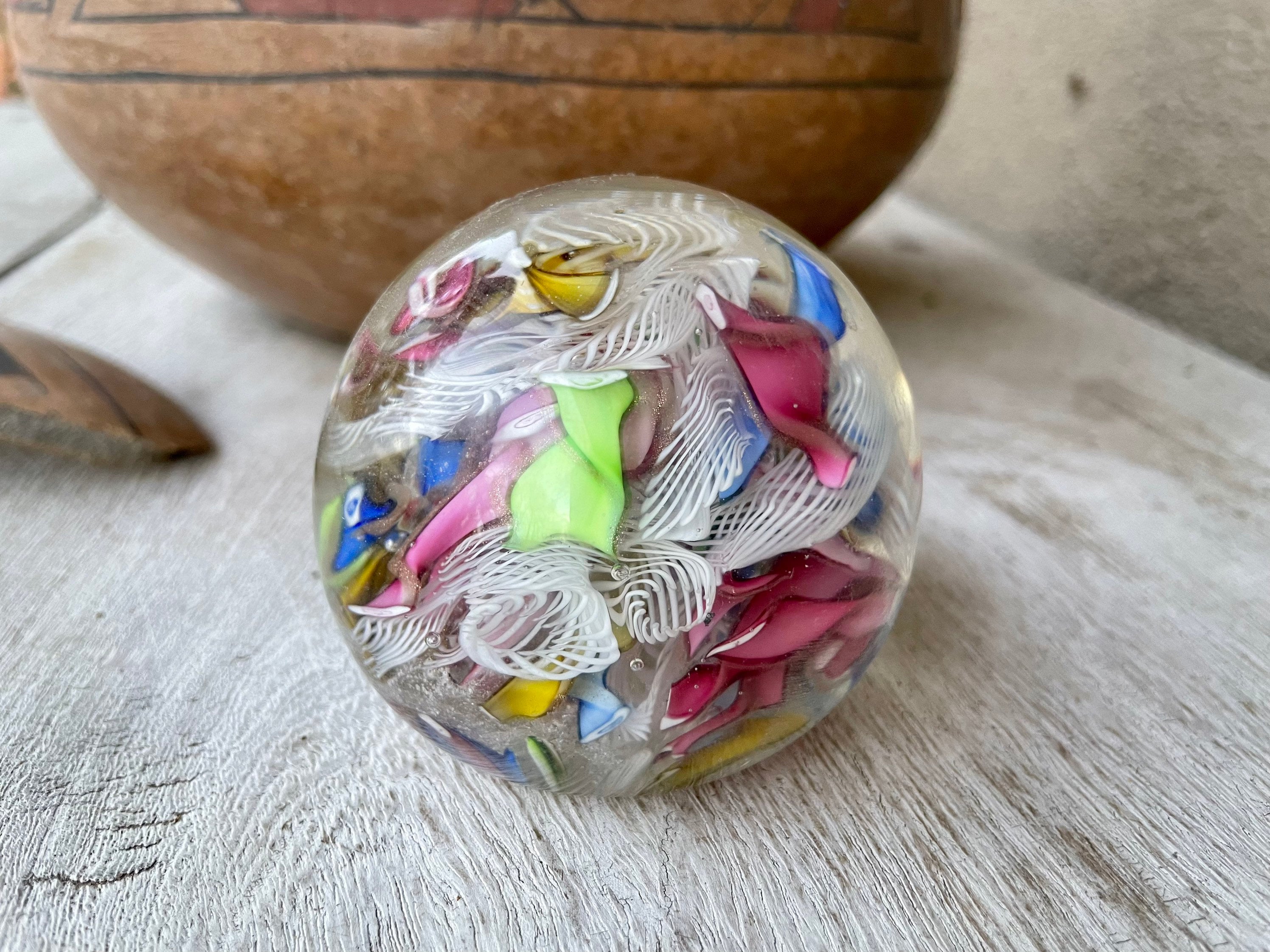 Vintage Small Glass Paperweight With Pink Blue Yellow Latticino Ribbon