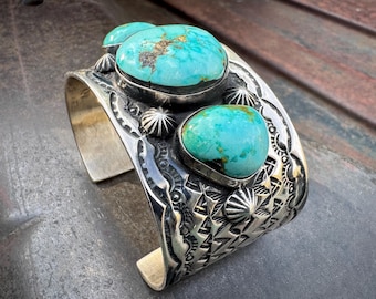 Signed Three-Stone Turquoise Sterling Silver Cuff Bracelet Size 7", 125g