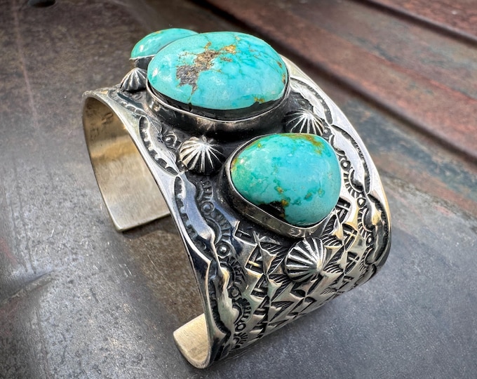 Featured listing image: Signed Three-Stone Turquoise Sterling Silver Cuff Bracelet Size 7", 125g