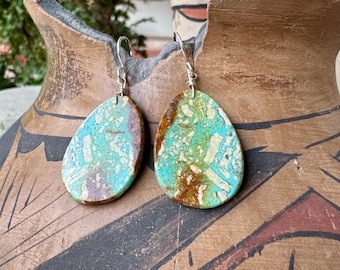 Matrixed Turquoise Slab Earrings, Santo Domingo Pueblo Indian Jewelry Southwestern