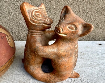 Vintage Redware Pottery Dancing Colima Dogs Figurine 6.5", Pre-Colombian Style Mexican Folk Art