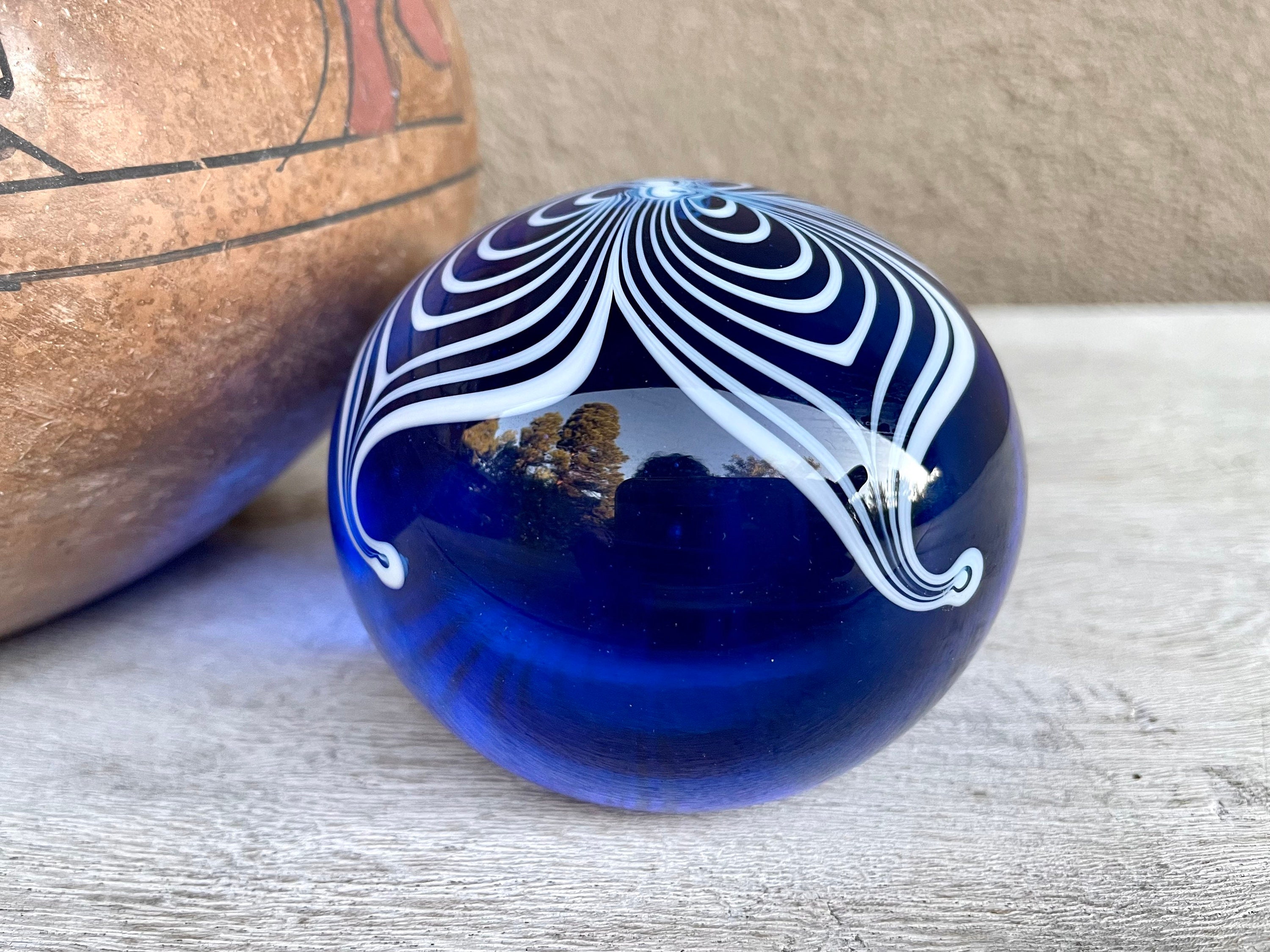 1982 Art Glass Paperweight Signed Terry Crider, Blue Pulled Flower