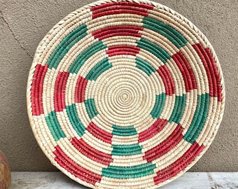 Coiled Basket Beige Teal Pink Wall Decor, Bohemian Eclectic Southwestern Home, Native Style Woven Round Baskets to Hang Wall Seagrass Wicker