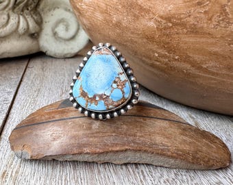 Sterling Silver Golden Hills Turquoise Ring Size 8.5, Navajo Linda Yazzie