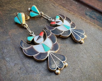 Signed Zuni Peyote Bird Earrings Multi-Stone Shell Inlay, Dangle from Post