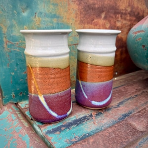 Pair of Hanselmann Pottery Vases, Cylindrical 6.5" Tall, Purple Gray Brown