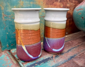 Pair of Hanselmann Pottery Vases, Cylindrical 6.5" Tall, Purple Gray Brown
