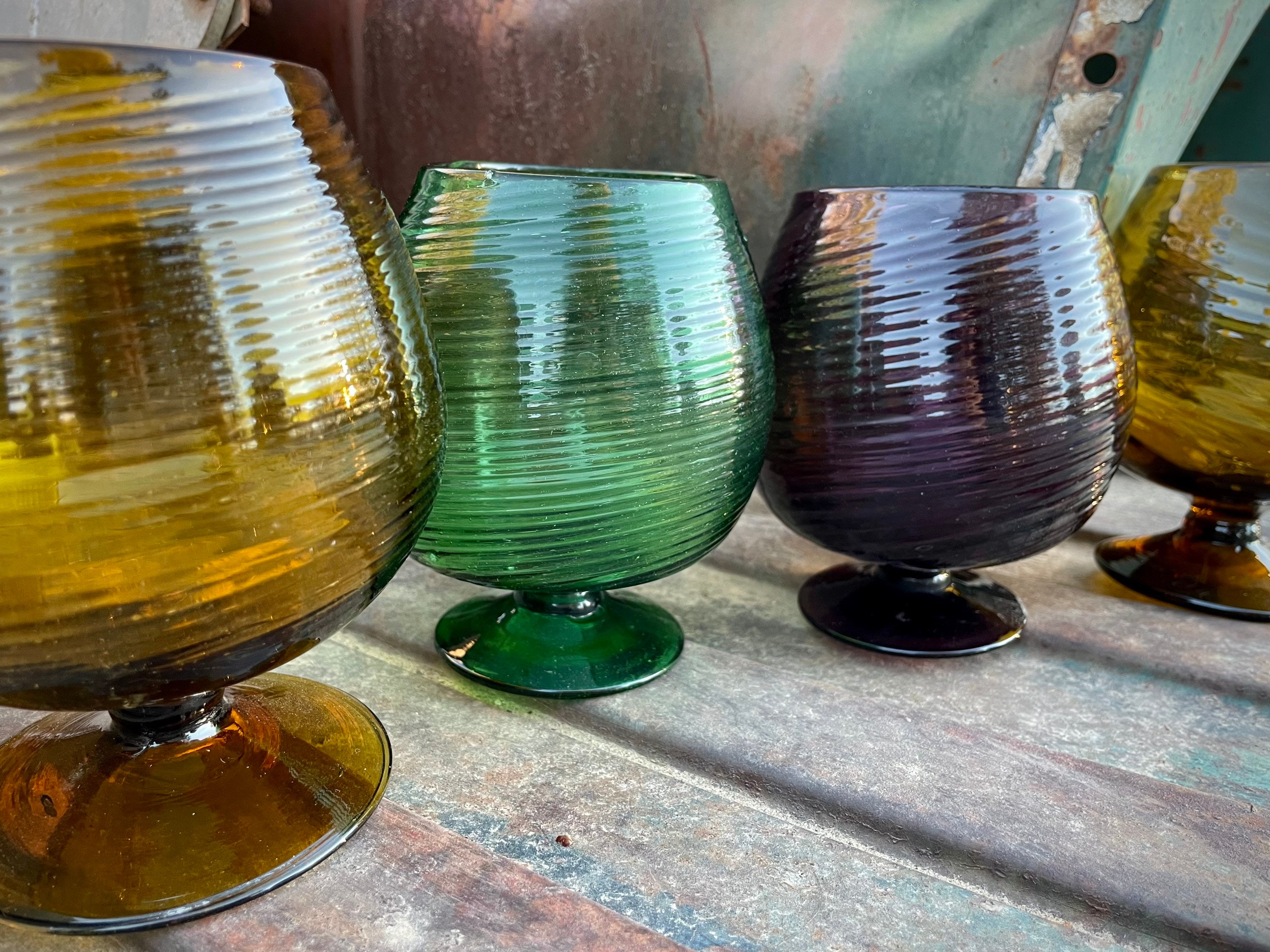 Four Mexican Hand Blown Glass Large Goblets Purple Green Amber Southwestern Kitchen Drinkware