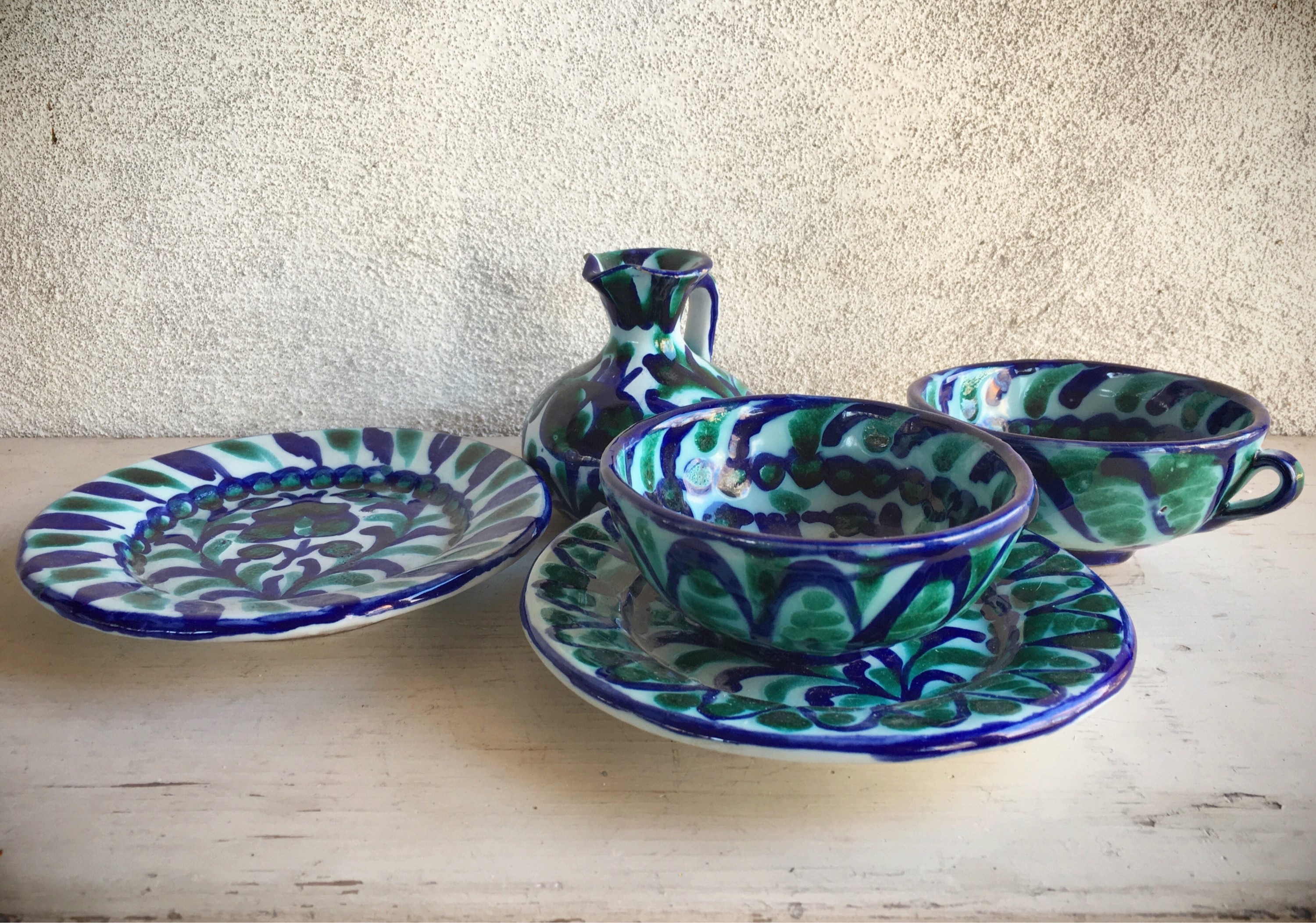 Vintage Granada Spain Pottery Cups and Saucers, Pomegranate Decor