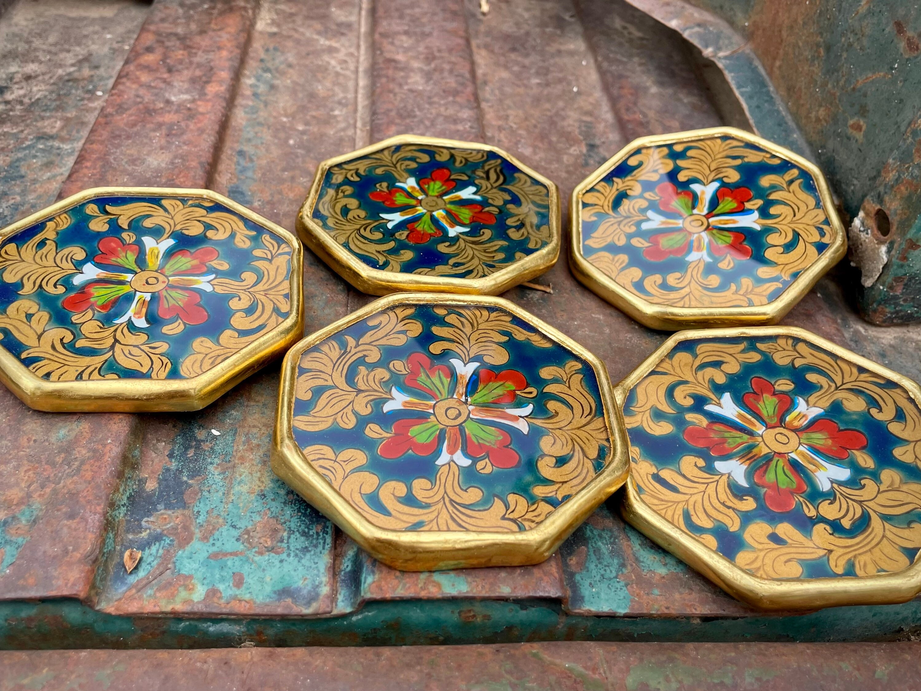 Five Reverse Painted Coasters Peruvian Folk Art, Southwestern Decor