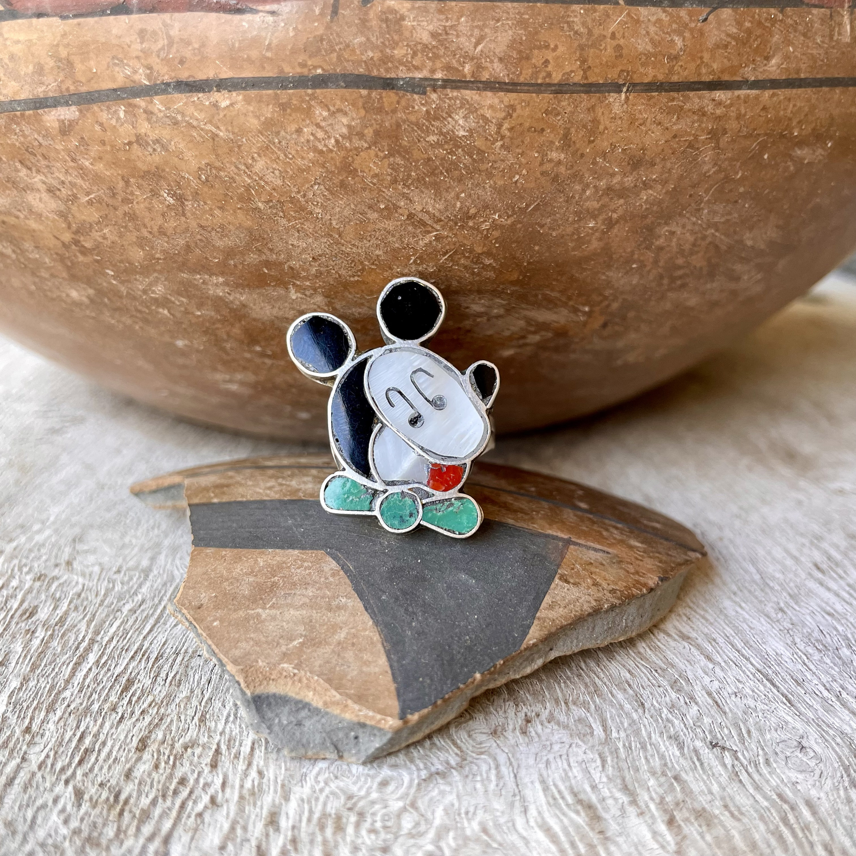 Whimsical Native American Zuni Coral Sterling Silver Mickey Mouse Ring Whimsical Native American Zuni Coral Sterling Silver Mickey Mouse Ring