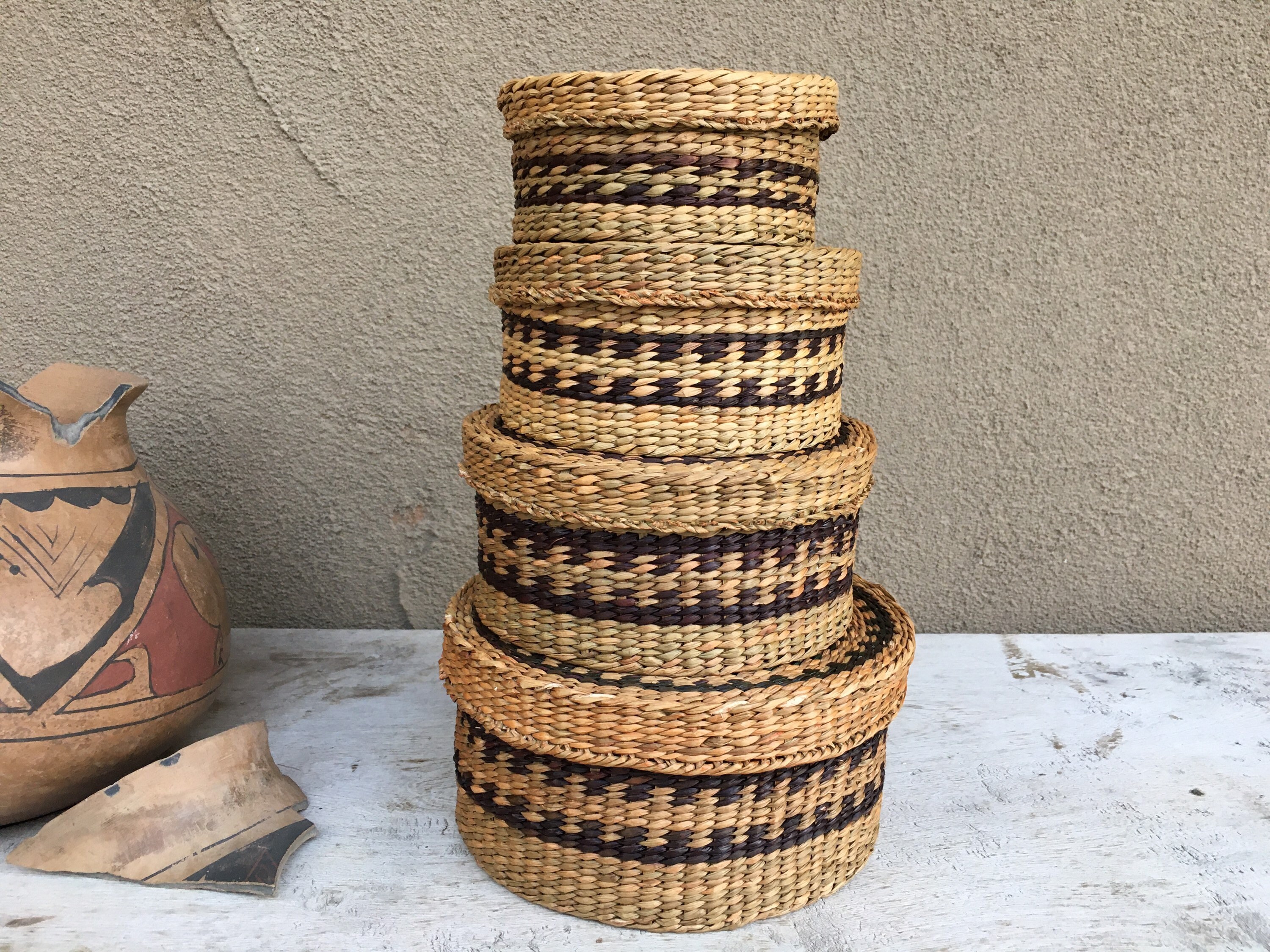 Four Nested Woven Sweetgrass Baskets with Lids, Bohemian Decor, Basket