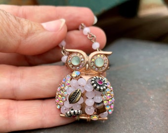 Betsy Johnson Owl Pendant Necklace Gold Tone Pink Crystals, Glitzy Costume Jewelry