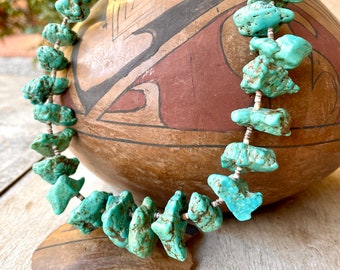 167g Vintage Turquoise Nugget and Shell Heishi Necklace Approx 33", Deco Barrel Clasp and Cones, Native American Indian Jewelry, Old Pawn