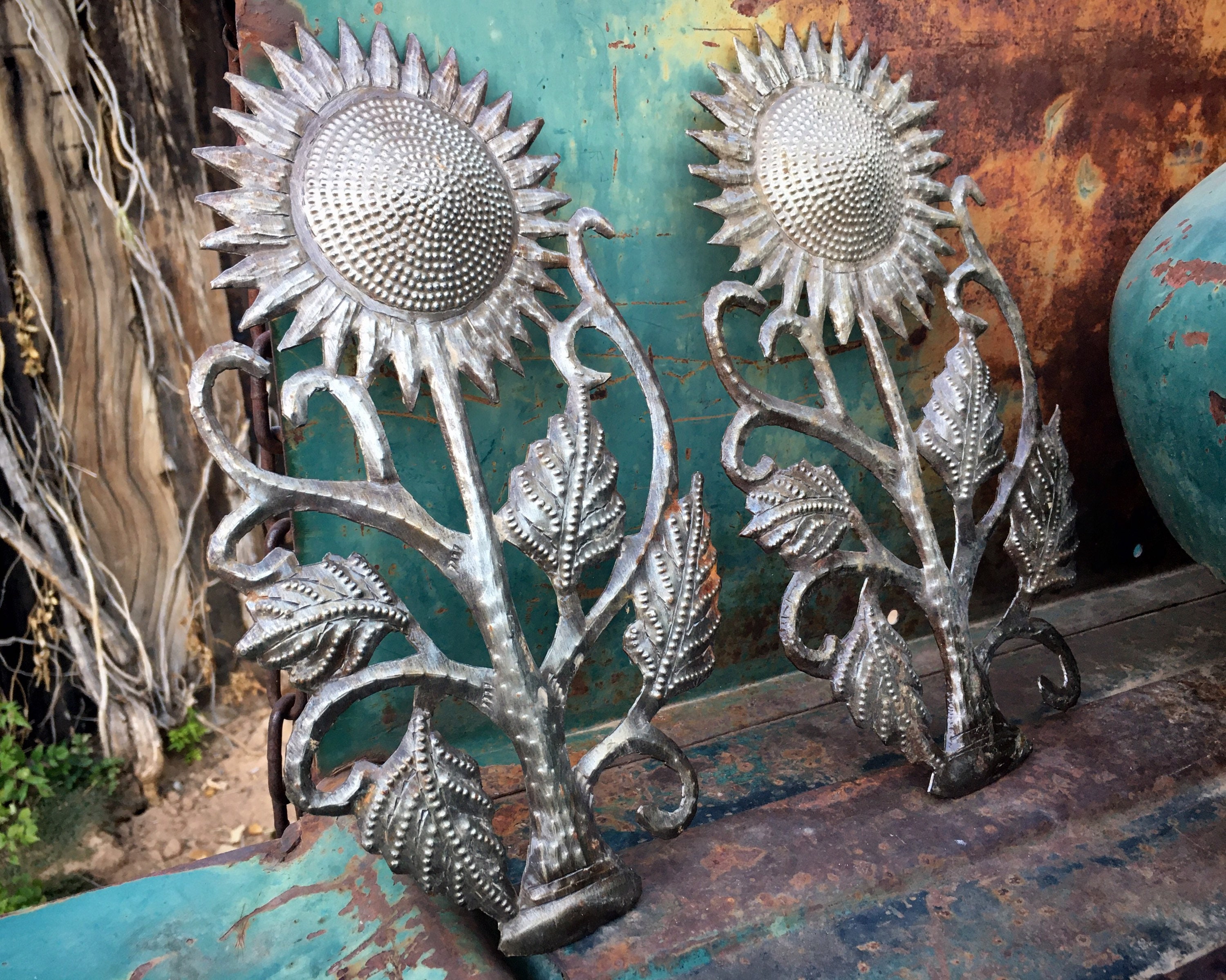 Pair of Haitian Steel Drum Folk Art Wall Hangings Sunflower Design