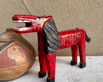 Vintage Hand-Carved Striped Black Red Lion Tiger Statue, Removable Legs, Primitive Folk Art